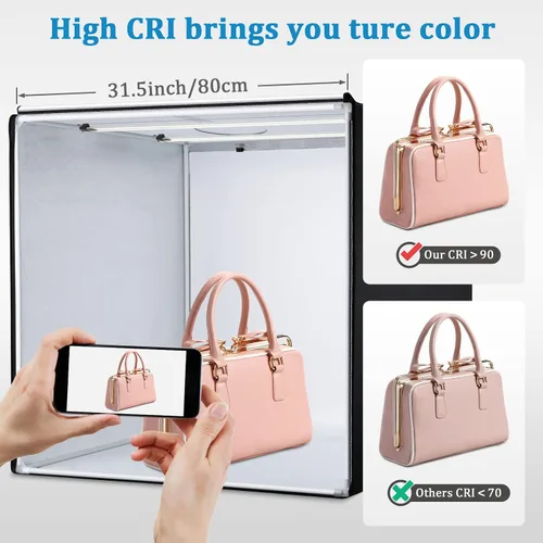 Vista 7 de Caja de estudio fotográfico, 32 x 32 x 32 pulgadas, caja de luz plegable portátil para fotografía, tienda de campaña con luces LED CRI95+ regulables