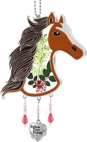 Vista 10 de KY&BOSAM Atrapasoles de cristal pintado a mano con cabeza de caballo, campanilla de viento con flor prensada incrustada en ventana de cristal, Día