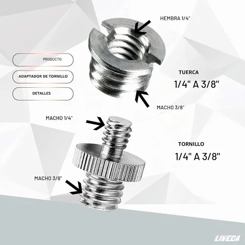 Vista 2 de Niewalda - Adaptador de trípode de 1/4 pulg. a 3/8 pulg. - Tornillos de montaje de 3/8 a 1/4, accesorio para cámara/monópodo/soporte de luz