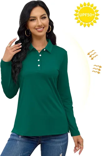 Vista 6 de TACVASEN Polo de golf para mujer, camiseta de manga larga, UPF 50+, secado rápido, 4 botones, rendimiento de tenis, ejercicio