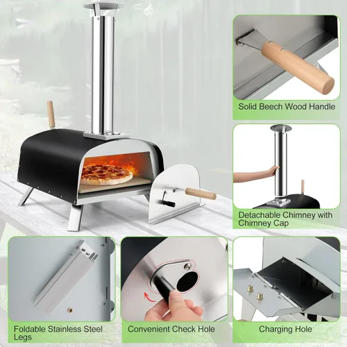 Vista 6 de Giantex Horno de pizza al aire libre, propano y leña con piedra para pizza de 13 pulgadas, cáscara de pizza, quemador de gas con regulador