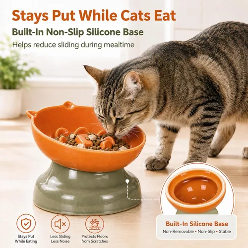 Vista 5 de Ceramic Slow Feeder Cat Bowl, 15-Degree Tilted Non-Slip Orange