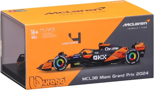Vista 4 de Bburago 1:43 Scale 2024 Race McLaren MCL38 - Vehículo de fórmula fundida a presión con casco, Norris #4