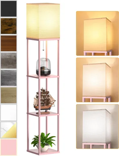 Vista 16 de Lámpara de pie con estantes para sala de estar color marrón nogal, lámpara de pie con estante con bombilla LED de 3 CCT, lámpara de columna de pie
