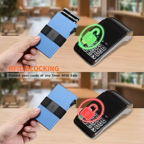 Vista 7 de SEMORID Cartera delgada de aluminio con tarjetero para hombre, Botón azul realB, Cartera Rfid minimalista para hombre