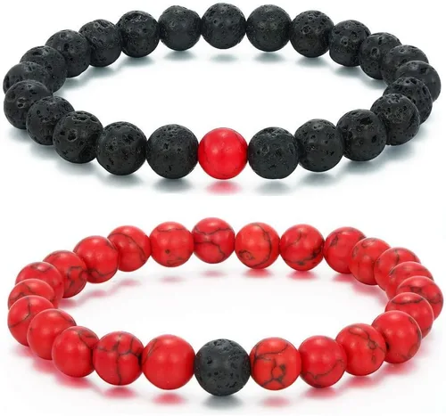 Vista 9 de CNLQ - Pulseras de larga distancia para parejas, regalo a juego, ágata mate de 0.315 in, cuentas de piedra (rojo elástico)
