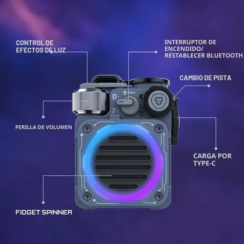 Vista 3 de Muzen Cyber Cube - Altavoz Bluetooth, Bluetooth 5.0, altavoz portátil con Fidget Spinner, sonido nítido con luz LED RGB, altavoz inalámbrico