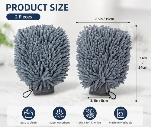 Vista 2 de Guantes de baño secos súper absorbentes para perros, de microfibra de chenilla, guantes de aseo para perros sucios, adecuados para todas las razas