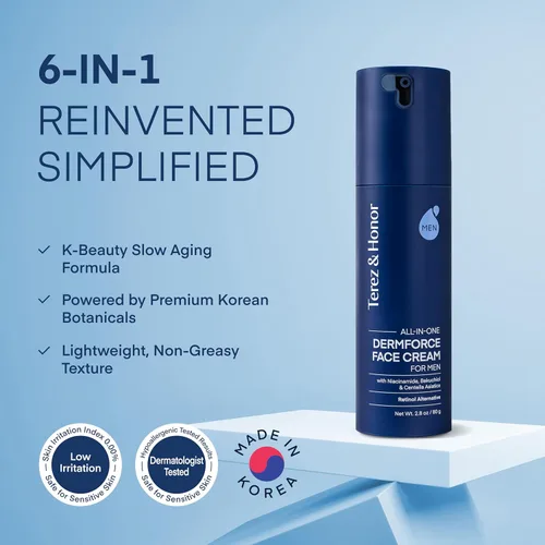 Vista 2 de TEREZ & HONOR Crema facial 6 en 1 para hombres: Crema hidratante antienvejecimiento coreana DermForce con niacinamida, bakuchiol y 5-CICA - Hidrata