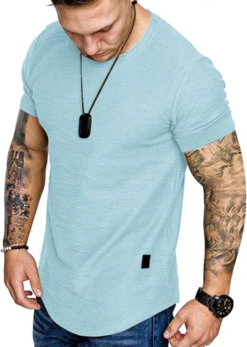 Vista 22 de Camiseta de Moda para Hombre, Camiseta Muscular de Gimnasio, Entrenamiento, Camiseta Atlética de Algodón, Camiseta Superior 240-azul