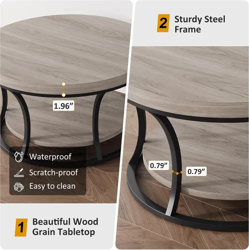 Vista 5 de Mesa de Centro Redonda para Sala de Estar, Mesa de Centro Circular de 2 Niveles con Almacenamiento, Mesa Central Decorativa de Diseño Moderno, Gris