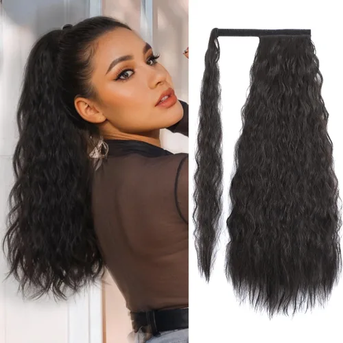 Vista 20 de Extensión de cola de caballo larga con ondas de maíz, pasta mágica, resistente al calor, ondulada, sintética, envolvente, extensión de cola