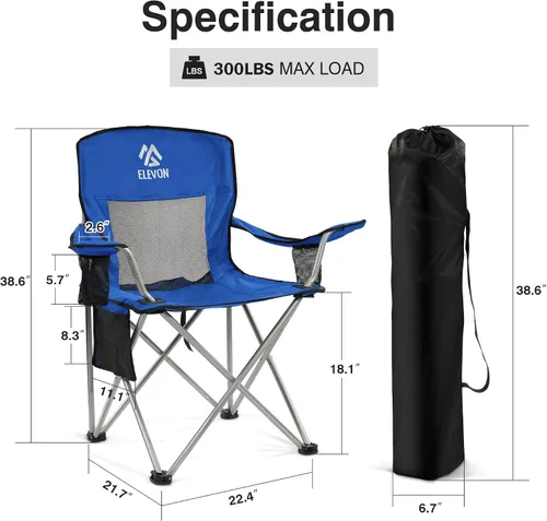 Vista 3 de Silla de camping Elevon, silla plegable portátil al aire libre con brazos, soporte para tazas y bolsa de transporte