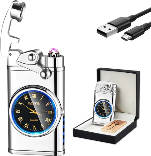 Vista 11 de GADATOP Encendedor eléctrico recargable a prueba de viento, encendedor de plasma con alivio de delfines 3D, reloj integrado con luz LED para uso