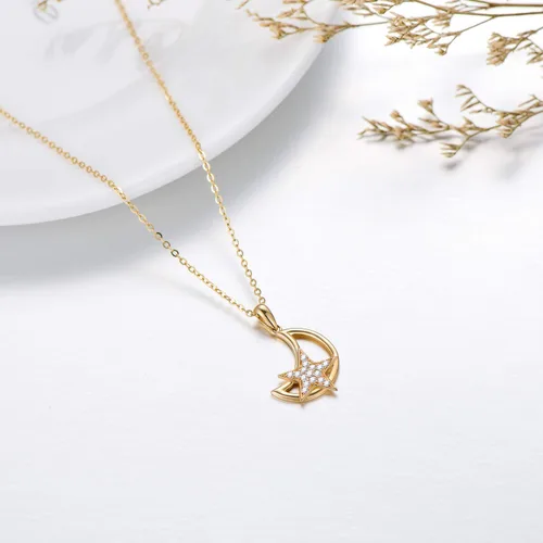 Vista 4 de 14K Solid Gold Moon Necklaces for Women, Real Yellow Gold Moon Star Pendant Necklace with Cubic Zircon Fine Jewelry for Girls 18