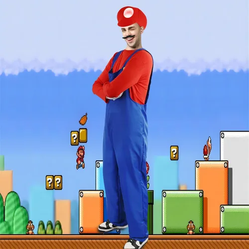 Vista 5 de Vermeyen Traje de fontanero para adultosniños con sombrero, guantes de bigote, accesorio para disfraz de Halloween o cosplay