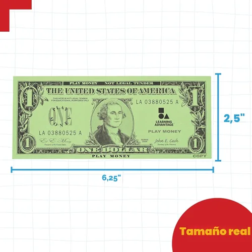 Vista 3 de LEARNING ADVANTAGE Billetes de juego de un dólar, juego de 100, tamaño como efectivo real Dinero de juego para enseñar moneda y contar