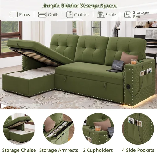 Vista 3 de HIFIT Sofá Cama Desplegable - Sofás Desplegables en Forma de L de 81" para Sala de Estar con Chaise de Almacenamiento, Reposabrazos