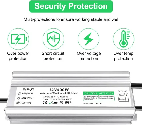 Vista 2 de Controlador LED de 400 vatios, transformador de bajo voltaje de 12 V CC, fuente de alimentación LED IP67 impermeable, adaptador con enchufe de 3