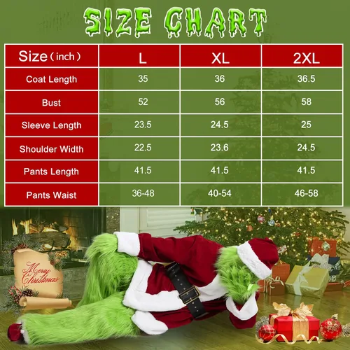 Vista 6 de PrettyFirst Green Monster Costumes Deluxe Santa Claus Costume Adult 9PCS Mens Santa Suit Green Santa Outfit With Mask