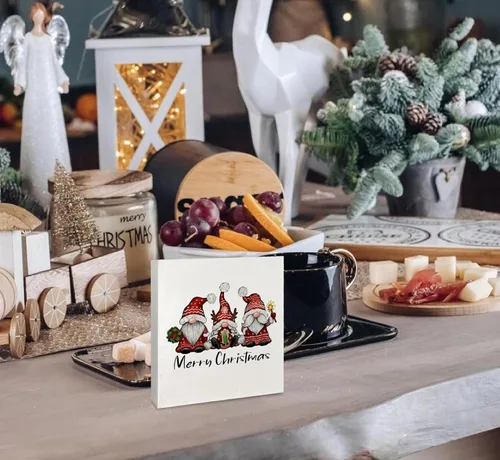 Vista 5 de KEUSPI Letrero de madera con texto en inglés "Merry Christmas", placa de madera de gnomo de Navidad, decoración para mesa, letreros de gnomos