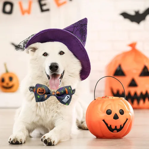 Vista 6 de Paquete de 2 collares de perro de Halloween con corbatín, linterna de Navidad y collar de calabaza para perros pequeños, medianos y grandes