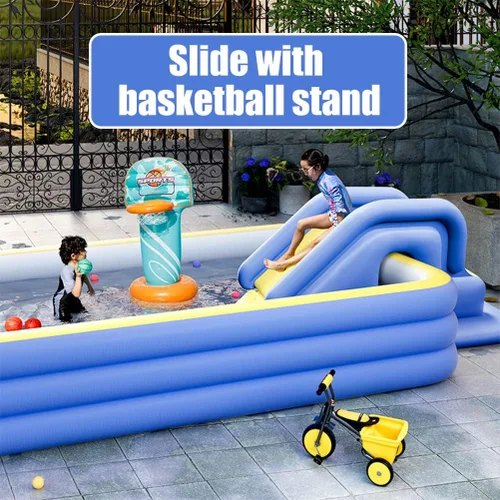 Vista 4 de Tobogán acuático inflable, lado extendido y base ampliada, pared de escalada compacta con soporte de baloncesto, diversión de verano al aire libre