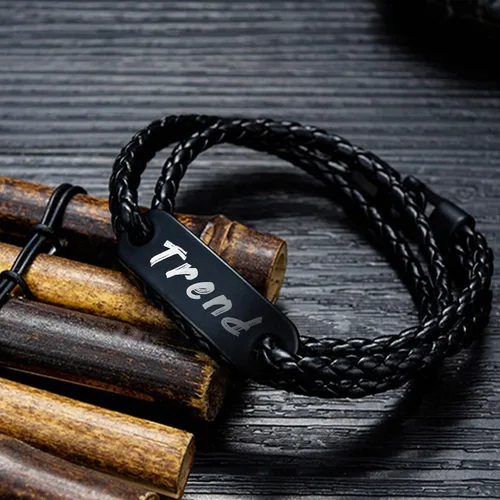 Vista 7 de GEAPRIE Pulsera de cuero personalizada con texto personalizado Pulsera de cuero PU para hombres de moda de tres capas, Cuero, Sin gemas.