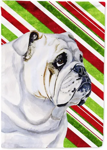 Vista 331 de Caroline's Treasures SC9334GF - Bandera decorativa para jardín, diseño de bastón de caramelo inglés, diseño de bulldog inglés, tamaño jardín