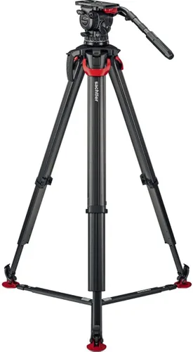 Vista 3 de Sachtler aktiv14T - Cabezal fluido de 3.937 in con trípode de fibra de carbono Flowtech 100 y esparcidor de tierra