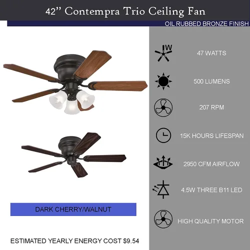 Vista 6 de Ciata Lighting Contempra Trio Ventilador de techo interior con acabado de bronce aceitado de 42 pulgadas con lámpara LED regulable en vidrio
