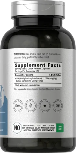 Vista 2 de Horbäach Cápsulas de suplemento MSM 2000 mg 250 unidades Fórmula sin OMG y sin gluten Metilsulfonilmetano
