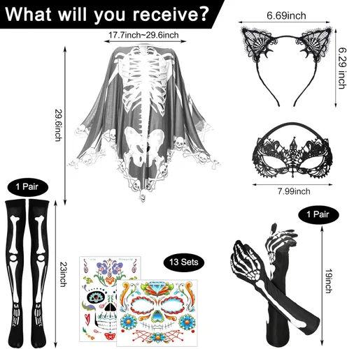 Vista 7 de Eurzom Traje de esqueleto de Halloween de 18 piezas para guantes de hueso, calcetines, orejas de gato, diadema, máscara de ojos, tatuajes faciales