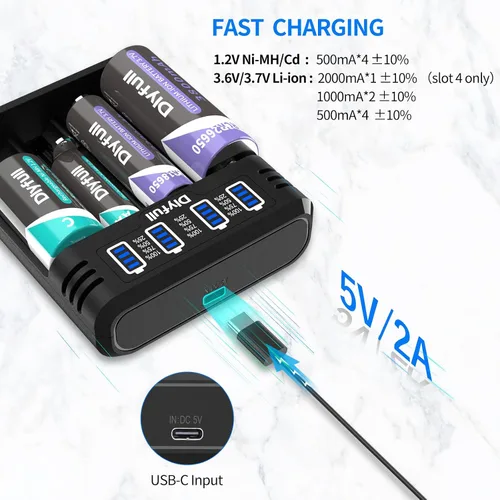 Vista 4 de Dlyfull Cargador de batería 18650, cargador universal rápido para baterías recargables de 3.7V Li-ion IMR INR ICR 21700 10340 17335 17670 18500