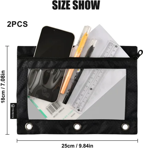 Vista 3 de Estuche negro de 3 anillas para lápices, paquete de 2 unidades, impermeable, de plástico transparente, con cremallera, organizador de documentos