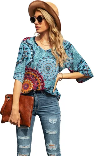 Vista 3 de SUEANI - Camiseta de cuello en V para mujer, diseño holgado con manga 34 acampanada
