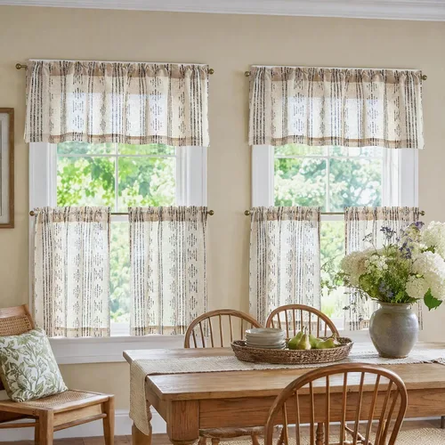 Vista 7 de Jinchan - Juego de cortinas y cenefas de cocina estilo bohemio negro sobre beige y bolsillo para barra Boho Negro sobre Beige