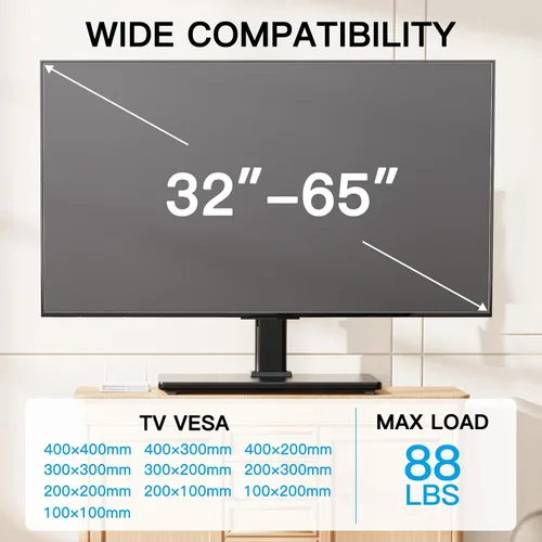Vista 2 de PERLESMITH - Soporte universal giratorio para TV - Soporte de mesa para TV de 32 a 65 pulgadas - Base de TV de altura ajustable con base de vidrio