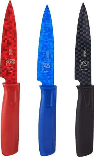 Vista 4 de Mercer Culinary Cuchillos de pelar antiadherentes con fundas ABS, 4 pulgadas, rojo/azul/negro, paquete de 3