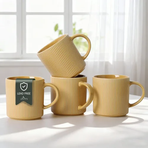 Vista 15 de MONITO - Juego de 4 tazas de café de 16 onzas, juego de tazas de café rústicas de cerámica con asa Vintage Striped Stoneware Large Coffee Mugs for