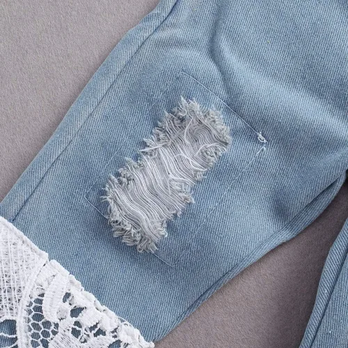 Vista 7 de Pivanzore Conjunto de ropa para bebé niña con encaje blanco ahuecado de manga larga + pantalones de mezclilla rasgados