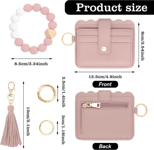 Vista 2 de KNGITRYI Cartera llavero pulsera para mujer, delgado RFID tarjeta de crédito, monedero, borla llavero brazalete para hombres y mujeres, Rosado