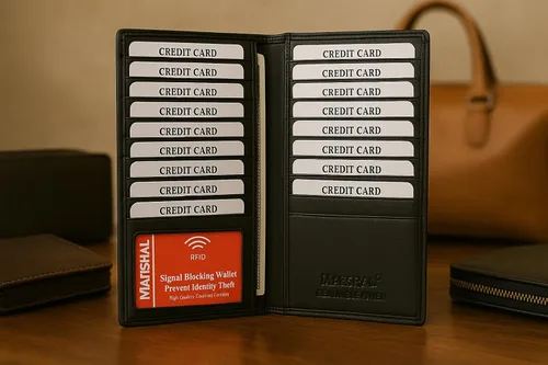 Vista 5 de Marshal Billetera de Cuero Bifold con Bloqueo RFID para Hombres y Mujeres Soporte de Cuero Genuino con 19 Ranuras, 2 Compartimentos para Billetes