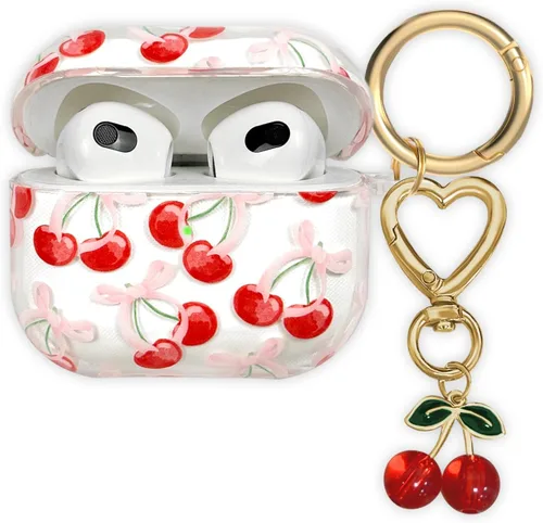 Vista 11 de Funda compatible con AirPods 3 2021, TPU suave con bonito patrón de flores para AirPods de 3ª generación con llavero de flores y mosquetón para Negro