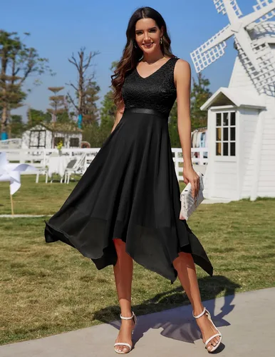 Vista 3 de Meetjen - Vestido de encaje floral para mujer, clásico, acampanado, con dobladillo, formal, para cóctel