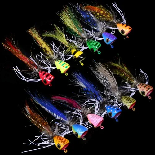 Vista 6 de Popper-Flies-para-mosca-pesca-topwater-panfish-bluegill-bajo-poppers moscas insectos señuelos A-Bass Poppers Flies-12pcs