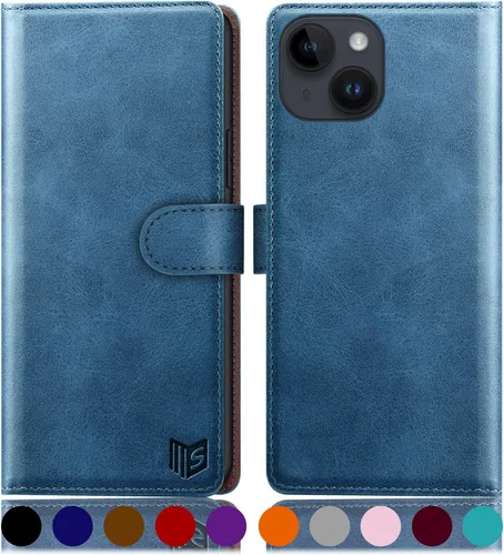 Vista 9 de SUANPOT Funda protectora tipo cartera con función atril para iPhone 15 de 6.1 pulgadas, con soporte para tarjetas de crédito RFID, funda de piel