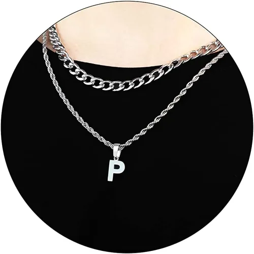 Vista 64 de SENRAN Collar con inicial en capas de la A a la Z para hombre, cadena de cuerda torcida de acero inoxidable de 18 a 20 pulgadas, dije de letra