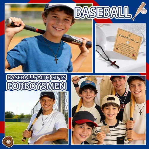 Vista 4 de Regalos de Pascua para niños y adolescentes, collares de cruz de béisbol para niños y hombres, de acero inoxidable que no destiñe, collar