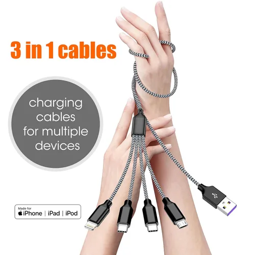 Vista 2 de Doub Tyep-C - Cable de carga múltiple 4 en 1 de 4 pies, cable de carga de nailon trenzado Lightning para iPhone, cable de carga universal con tipo